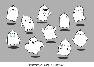 Ghosts doodle set. Collection of hand drawn colorful templates patterns of spooky creatures mysterious ghouls poltergeists characters mascots angry phantoms. Illustration of comic Halloween symbol.