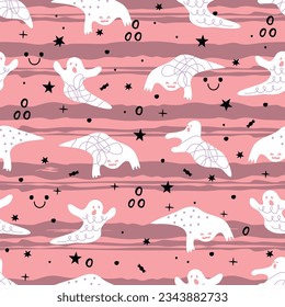 Ghosts drawn with textures and doodle elements.Seamless pattern with characters on a background of rough lines.White, pink and lilac colors.Halloween print on fabric and paper.Vector illustration.