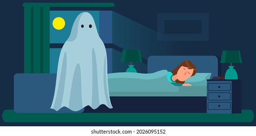 Ghosts in a dream. Girl's fantasy with frightened expression imagining very scary big monster from under bed in bedroom at night. Fear of darkness. Woman and spooky white ghost from nightmare