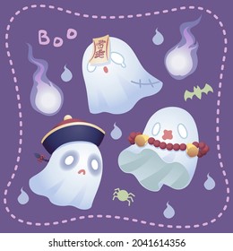 Ghosts dress up in chinese ghost costume. Happy Halloween with Flying ghost spirit. Scary white ghosts. Fire spirit. Cute cartoon spooky character. Flat design. Halloween vector illustration