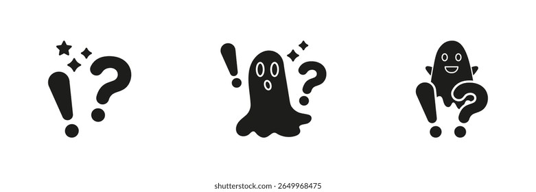 Ghosts With Exclamation And Question Marks Solid Icon Set. Surprise, Curiosity, Mystery Silhouette Symbol Collection. Expressive Communication And Emotion Icons. Isolated Vector Illustration.