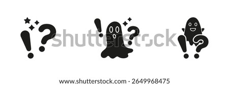 Ghosts With Exclamation And Question Marks Solid Icon Set. Surprise, Curiosity, Mystery Silhouette Symbol Collection. Expressive Communication And Emotion Icons. Isolated Vector Illustration.