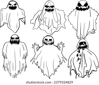 ghosts face, Ghostly monster with Boo scary face, Spooky ghost flat vector icon set. vector illustration