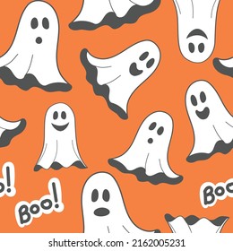 Ghosts fly on an orange autumn background. Seamless pattern for Halloween. Children's style.	