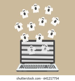 Ghosts fly out of the laptop screen. Flat design vector illustration.