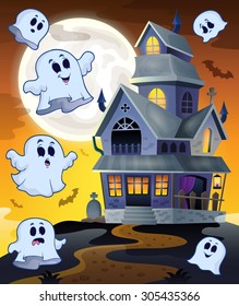 Ghosts flying around haunted house - eps10 vector illustration.