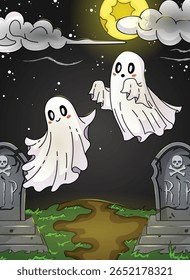 Ghosts Flying in Cemetry Against Moonlit Night Sky. All Hallows Eve Detailed Illustration