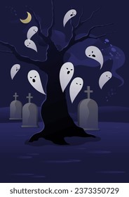 Ghosts flying through a cemetery with a black tree.