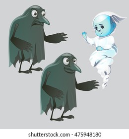 Ghosts in the form of a crow and flying baby. Vector cartoon close-up illustration.