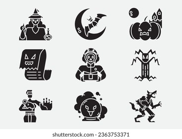 icono de glifos fantasmas con muchas culturas y religiones. Diseño de iconos en muchos caracteres como bruja, murciélago, cabeza de calabaza, abrumado pago de cuentas, allanador de cráneo, árbol muerto, fantasma de la viuda local tailandesa.