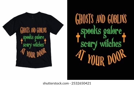 Fantasmas E Duendes Falam Galore Bruxas Assustadoras Em Sua Porta Halloween T-shirt Design.