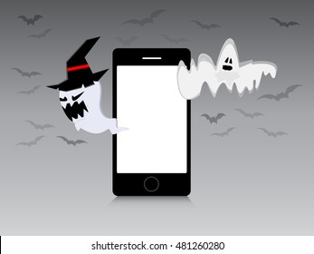 Ghosts are going out from smartphone that comes with bats as background. This provides the empty space at the bottom for text and screen of smartphone as title.