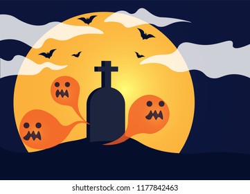 Ghosts and graves under the moonlight, with bats flying through. Happy Halloween. Vector illustration Flat design