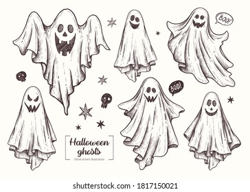 ghosts. Halloween animal. Vector Hand Drawn. Line art. Sketch Illustration. Ghost. 