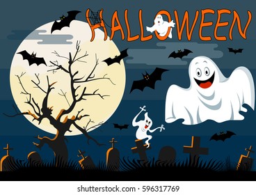 Ghosts  with Halloween background. Vector illustration