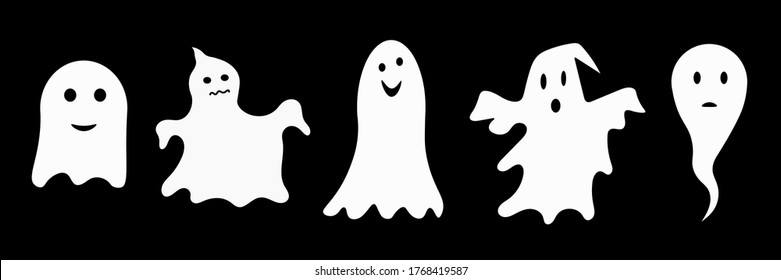 The Ghosts Of Halloween. Different white flying monsters, horror silhouettes for scary Halloween, flat vector isolated set of icons on a black background.