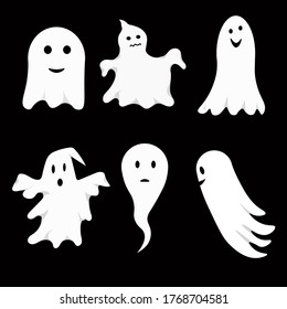 The Ghosts Of Halloween. Different white flying monsters, horror silhouettes for scary Halloween, flat vector isolated set of icons on a black background.