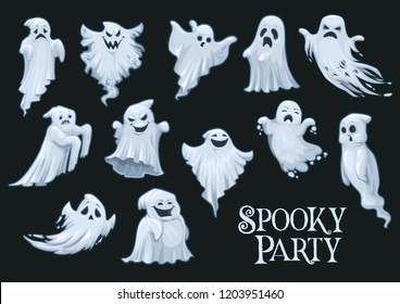 Ghosts of Halloween holiday with emotional faces. Monsters or beasts, human spirit and poltergeist on night party of evil invitation. Angry and happy, sad and surprised emotions