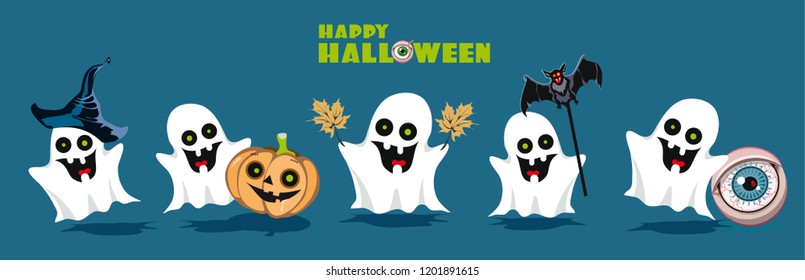 Ghosts, Halloween set. Cartoon character. Vector illustration.