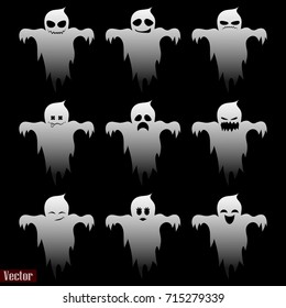 Ghosts for Halloween. A set of nine emotions of ghosts. On a black background. Vector image.