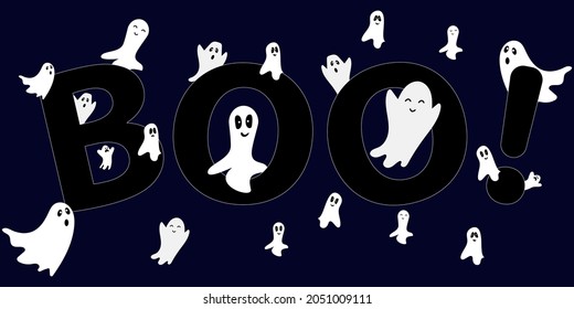 Ghosts  Halloween. Spooky wallpaper. Boo! Cartoon vector illustration. Ghosts  isolated on the dark blue background with word Boo.  Ghosts baner.