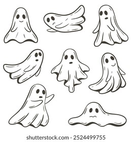 Fantasmas dibujados a mano conjunto ilustraciones de arte de Clip. Silueta de personajes fantasmales para Halloween. Estilo divertido del boceto del doodle de las pesadillas, gráficos del Vector