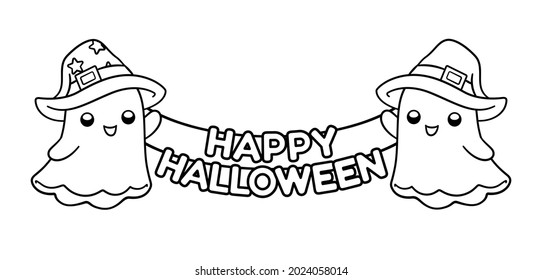 Ghosts with Happy Halloween sign outline vector illustration clipart. Halloween themed coloring book page activity worksheet for kids, children and adults.