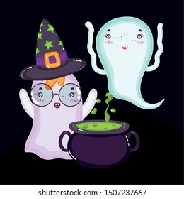 ghosts with hat and cauldron halloween