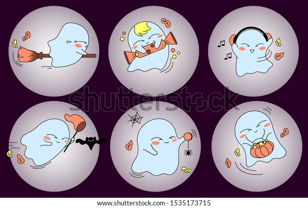 Ghosts are having fun against the backdrop of\
the moon. Concept: halloween, celebration, horror, fun, childish,\
spirit, kawaii, badge, sticker, candy, sweets, flying on a\
broomstick, music, dance,\
bat