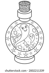Ghosts locked in a bottle - vector linear Halloween picture for coloring. Outline. A bottle with a magic potion closed with a stopper. Ghosts and magic means - Halloween coloring.