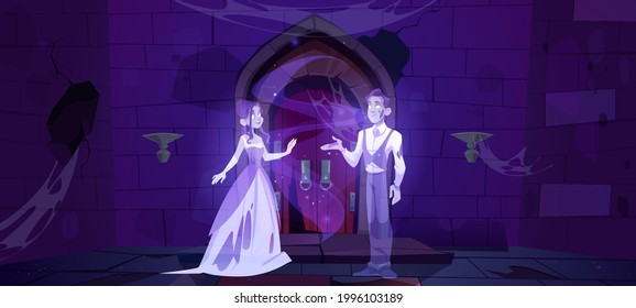 Ghosts in medieval dungeon or night old castle interior. Dead couple lady and gentleman dance in darkness. Scary room with cracked walls and spiderweb, halloween scene, Cartoon vector illustration