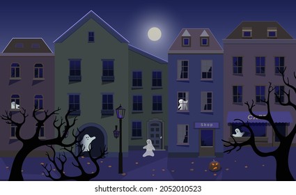 Ghosts in the night abandoned city. Old haunted houses. Halloween holiday. Moonlight night. Festive banner, website design, postcards, invitations. Vector illustration