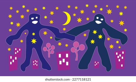 Ghosts of the night in the city. Cartoon fantasy humorous drawing. Halloween. Vector graphics.