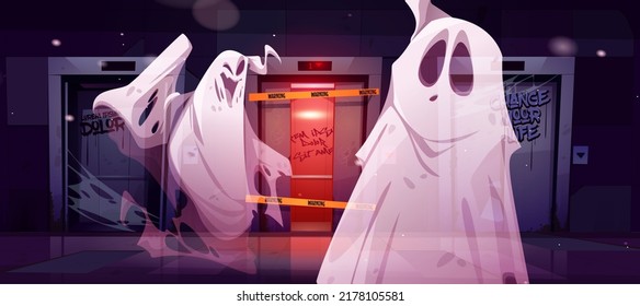 Ghosts In Old Dirty Hallway With Broken Elevator At Night. Vector Cartoon Dark Lobby Interior With Lift Doors, Graffiti On Wall And Spooky Spirits In Abandoned Haunted House