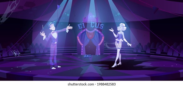 Ghosts on abandoned circus arena, dead artists perform magic show in darkness of big top stage. Halloween spooky scene, scary old interior with moonlight falling on floor, Cartoon vector illustration