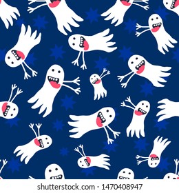 Ghosts on a blue background with stars. Pattern seamless vector. For Halloween holiday, fabric, Wallpaper, backdrop, wrapping paper.