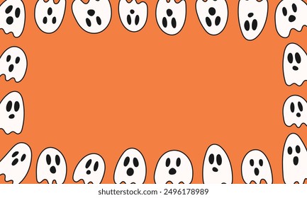 Ghosts on an orange background. Halloween characters are hand drawn. Groovy style. Festive background. Vector illustration.