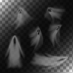 Ghosts On Transparent Background. Translucent Isolated Phantoms Set. Vector Illustration.