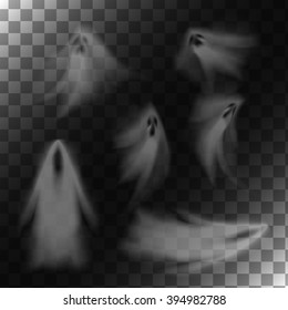 Ghosts on transparent background. Translucent isolated phantoms set. Vector illustration.