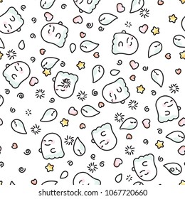 Ghosts and phantoms on white background doodle pattern. Funny ghost and shadow Halloween pattern