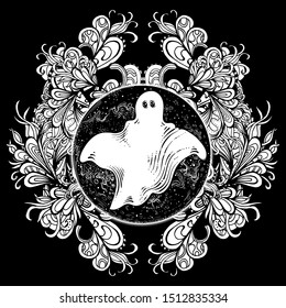 Ghosts or phantoms. Vector illustration for Halloween or all saints ' day celebration. Cute monster tattoo. Design for stickers. Spirit on moon background with pattern. Poster.