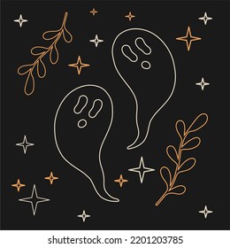 Ghosts, plants and stars, Halloween illustration in boh style. Perfect for poster or postcard template, trendy t-shirt design.
