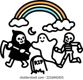 The ghosts are playing under the rainbow. vector illustration. Hand drawn gothic print design. Funny skeleton vector. Halloween concept vector illustration