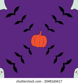 Ghosts, pumpkin and bat on purple background. Cute vector halloween pattern.