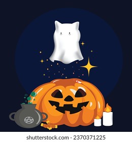 Ghosts and pumpkin for halloween concept illustration flat design