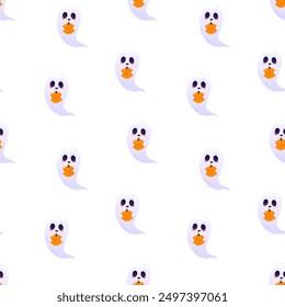 Ghosts with pumpkin vector seamless pattern. Packaging design, wrapping paper, background, backdrop