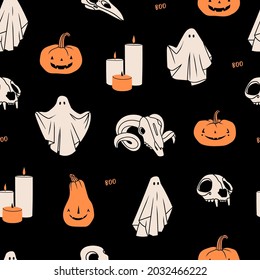 Ghosts, Pumpkins, candles, animal Skulls. Halloween concept. Cute cartoon spooky characters. Holiday Silhouettes. Hand drawn trendy Vector illustration. Square seamless Pattern, background, wallpaper