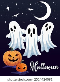 Ghosts and pumpkins in illustration.Vector illustration with ghosts and scary pumpkins on a dark background with stars.