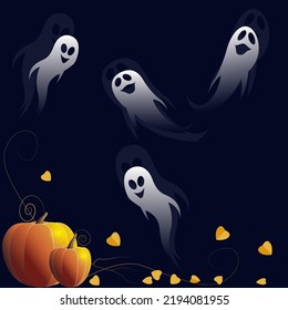 Ghosts and pumpkins on a dark blue back, vector illustration
