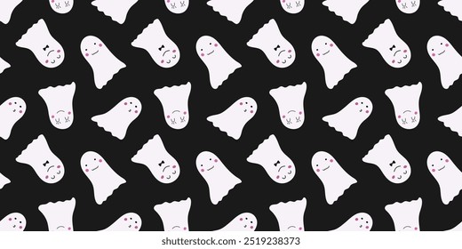 Ghosts seamless pattern in hand drawn style on black background. Flying Phantoms. Halloween scary ghostly monsters. Cute spooky characters. Holiday Silhouettes